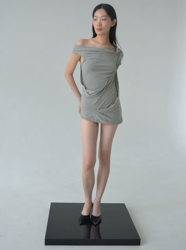 Antro Striped Short Dress - Brown and Gray Stripes