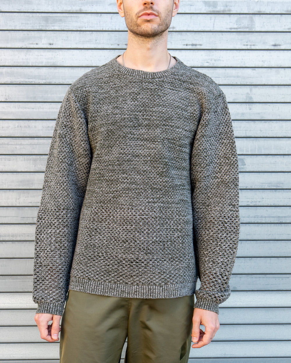 Solid Crochet Crewneck Sweater - Moss Grey