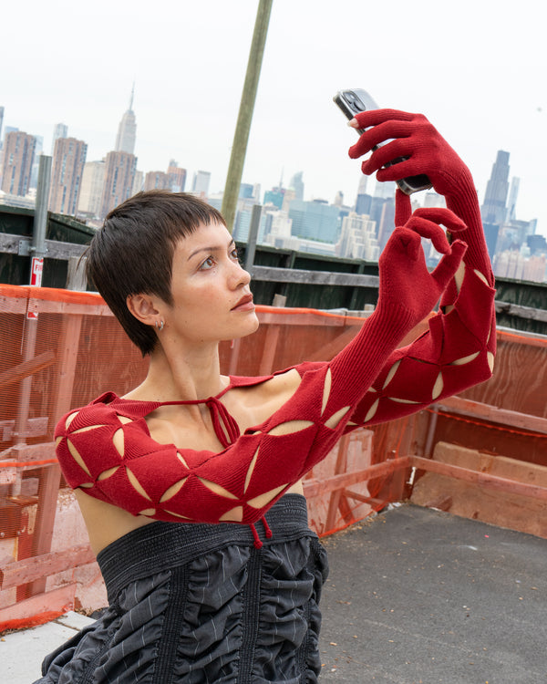 Tie Neck Argyle Sleeve - Cherry