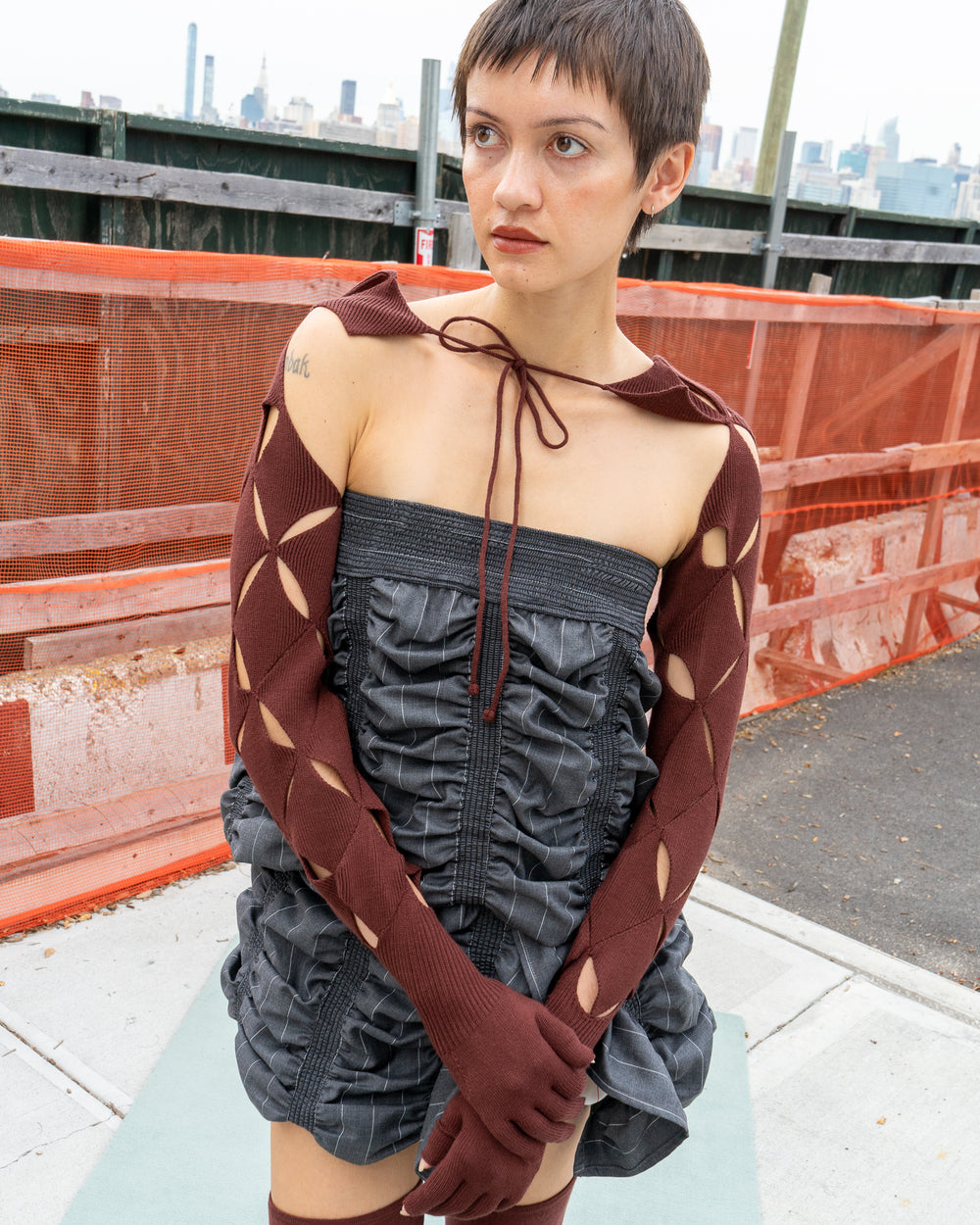 Tie Neck Argyle Sleeve - Rum